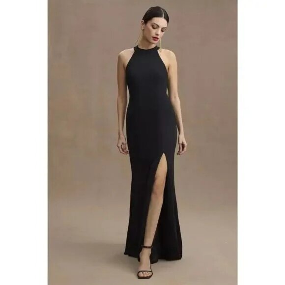 BHLDN Women's Black Crepe Serephina Open Back Slit Maxi Dress Size 12 2806 - Picture 2 of 13
